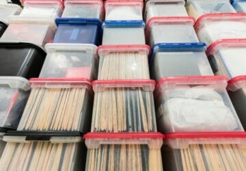 A stack of see-through plastic storage totes